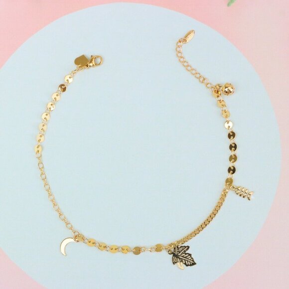 "Rose Gold Leaf Charm Anklet with Moon Pendant, XPAL1184 - Picture 1 of 12